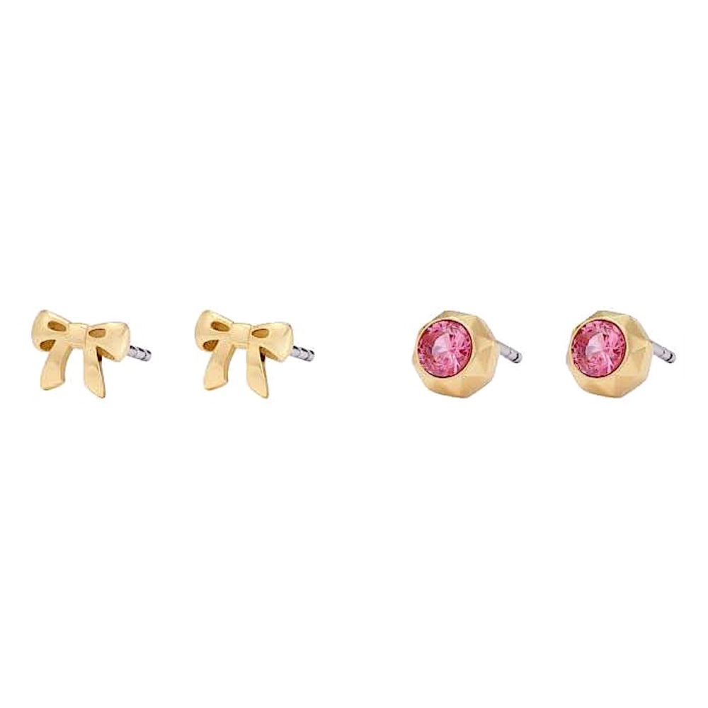 FOSSIL x BARBIE Pink Stone And Bow Gold Tone Earrings - Set